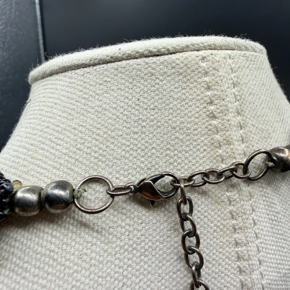 Multi Strand Black Gray Blue Beaded Statement Necklace Layered Boho AdjustableMu